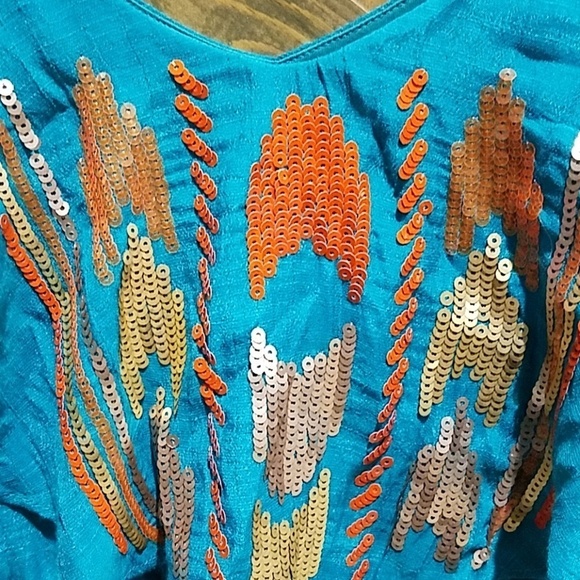 TEAL SEQUINS NATIVE MINI DRESS TRIBAL COLORFUL COWGIRL SIZE SMALL - Picture 2 of 8